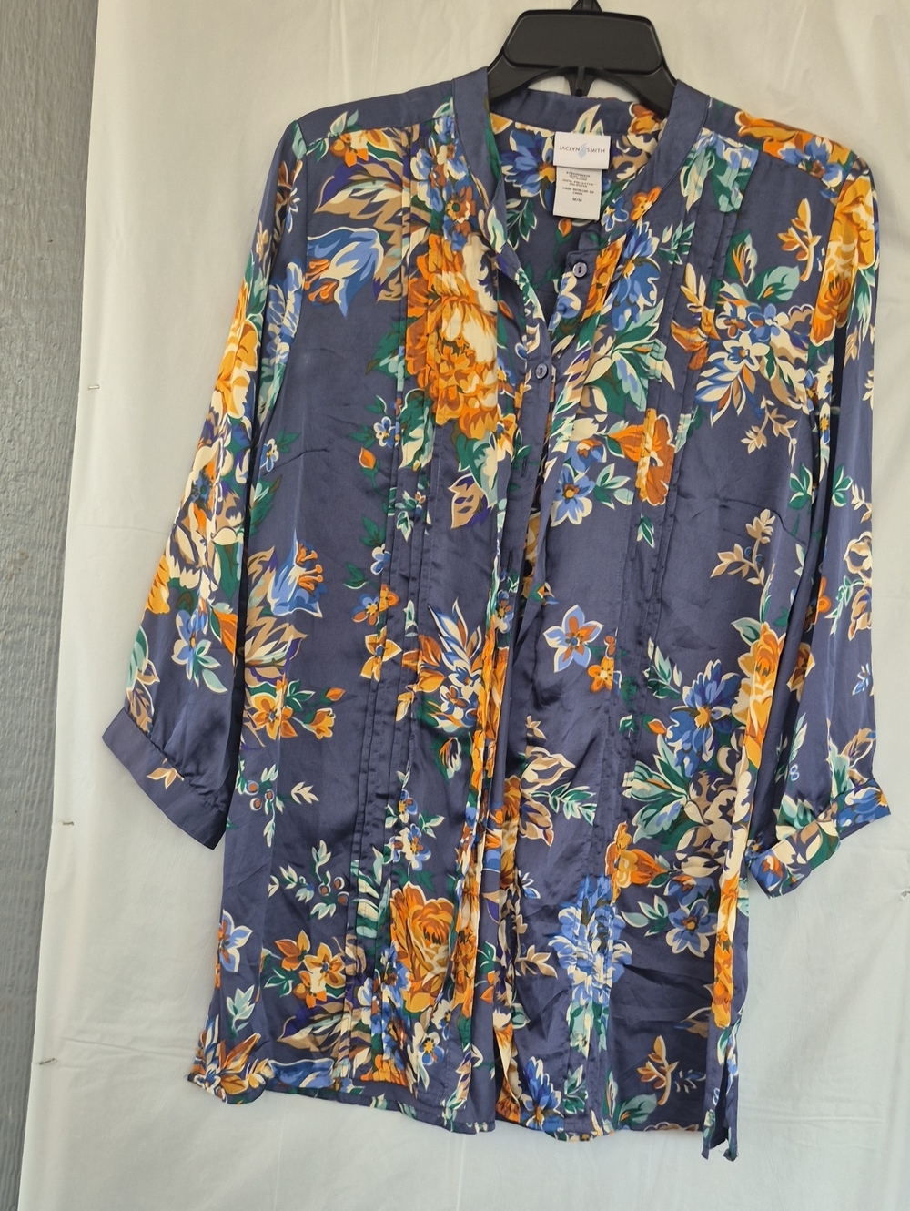Jaclyn Smith Navy Floral Long-Sleeve Button Tunic with Orange Accents